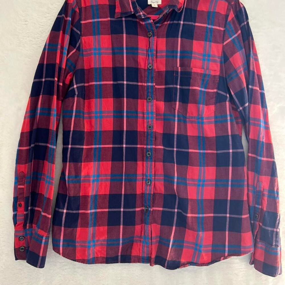 J.Crew Perfect Fit Plaid Shirt Womens Medium Red Navy Blue Cotton Button Down